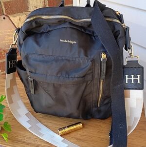 HAUTE HIPPIE NWOT RICH BLACK BEIGHE "GUITAR STRAP" TOP ZIP BACKPACK SHOULDER BAG